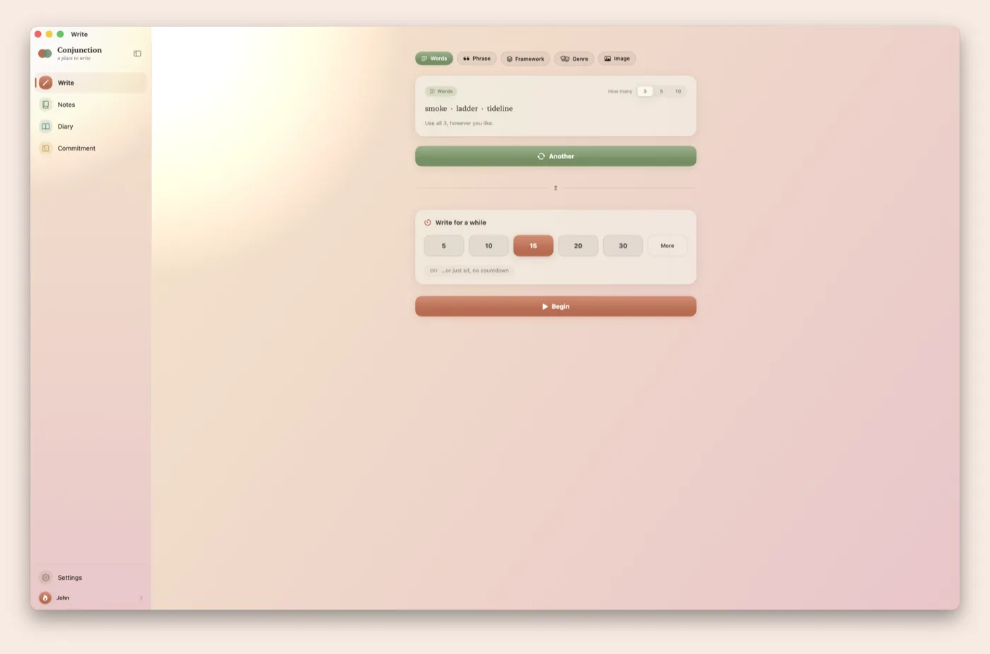 Conjunction on Mac: the Words prompt showing three words to write from