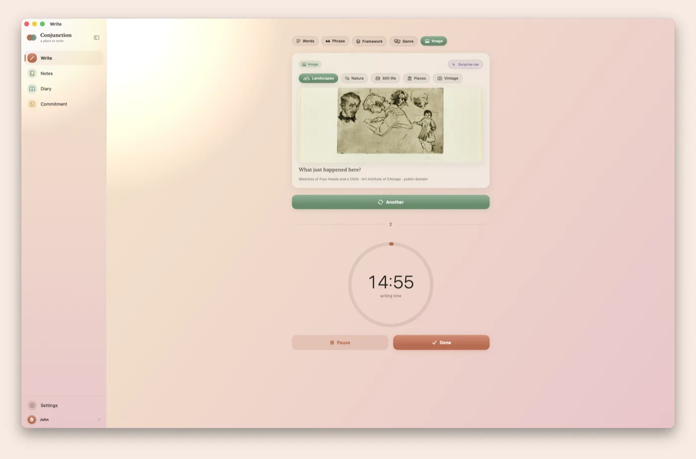 The writing timer counting down, with pause and done controls