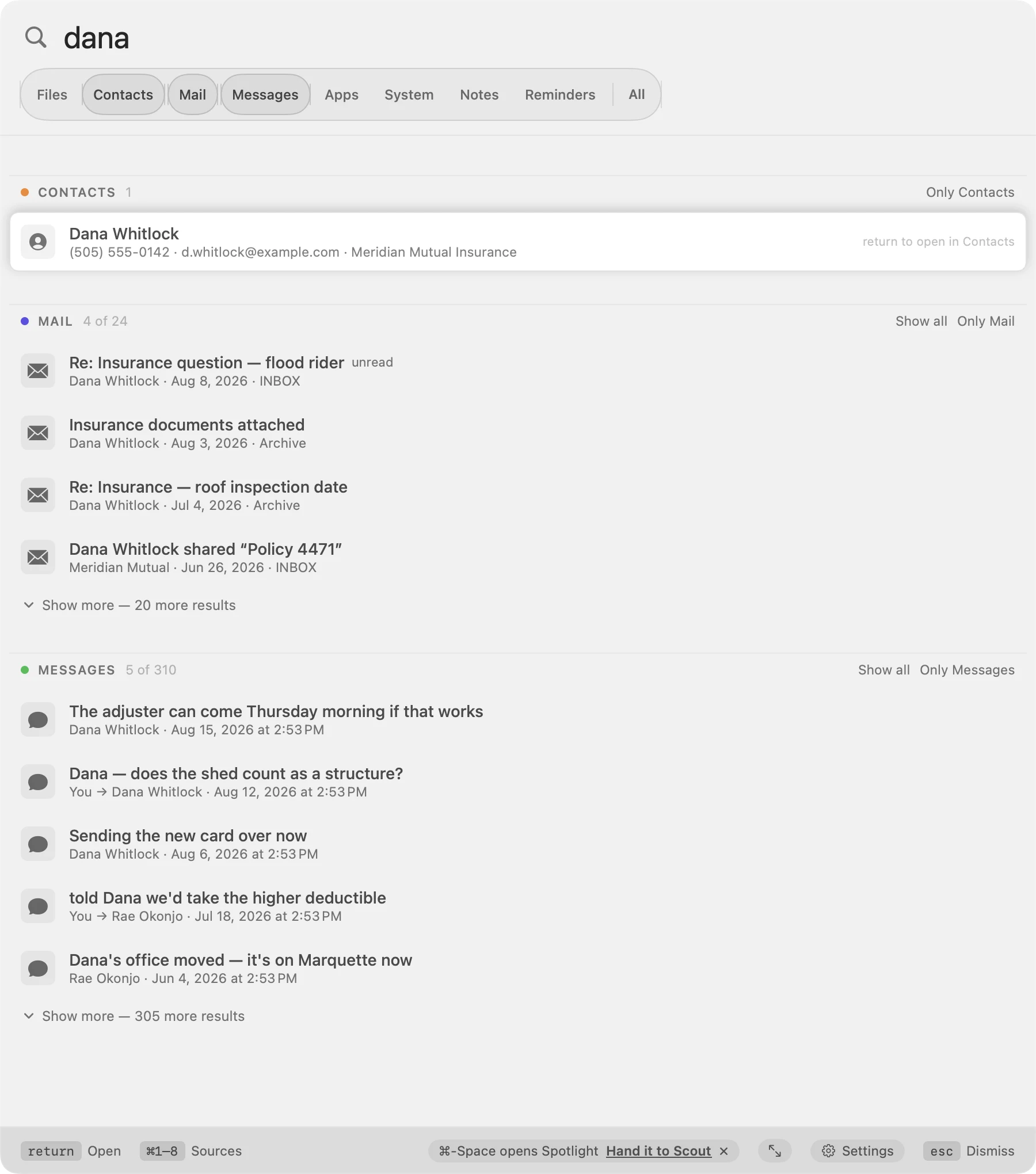 A search for a person's name showing their contact card, four emails from them, and five text messages, in three separate sections