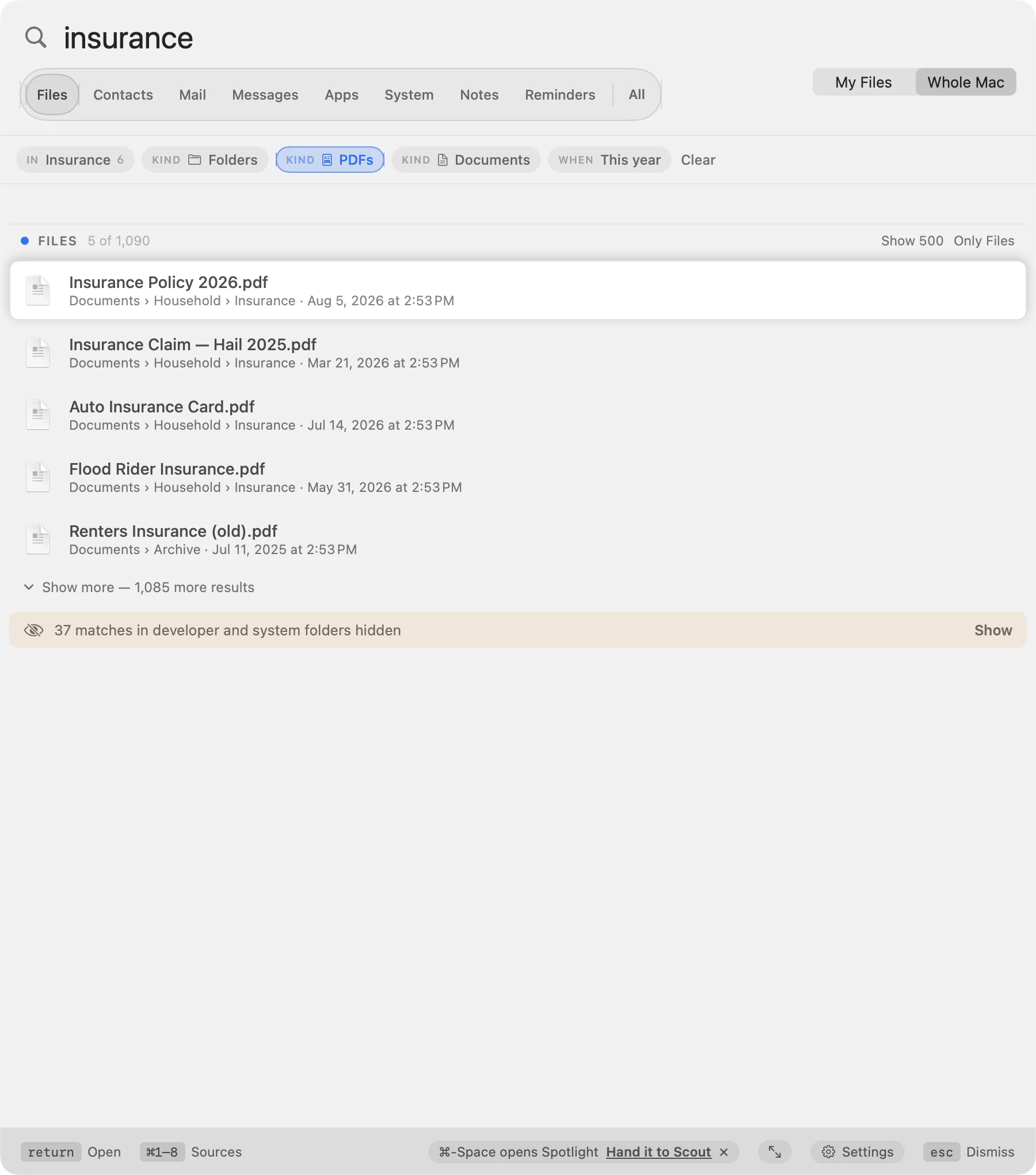 A PDF filter applied to a whole-Mac search, with a notice counting 37 matches hidden in developer and system folders